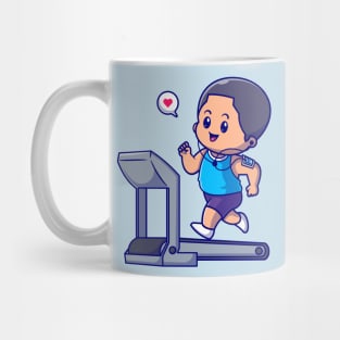 Cute Boy Running On Treadmill Cartoon Mug